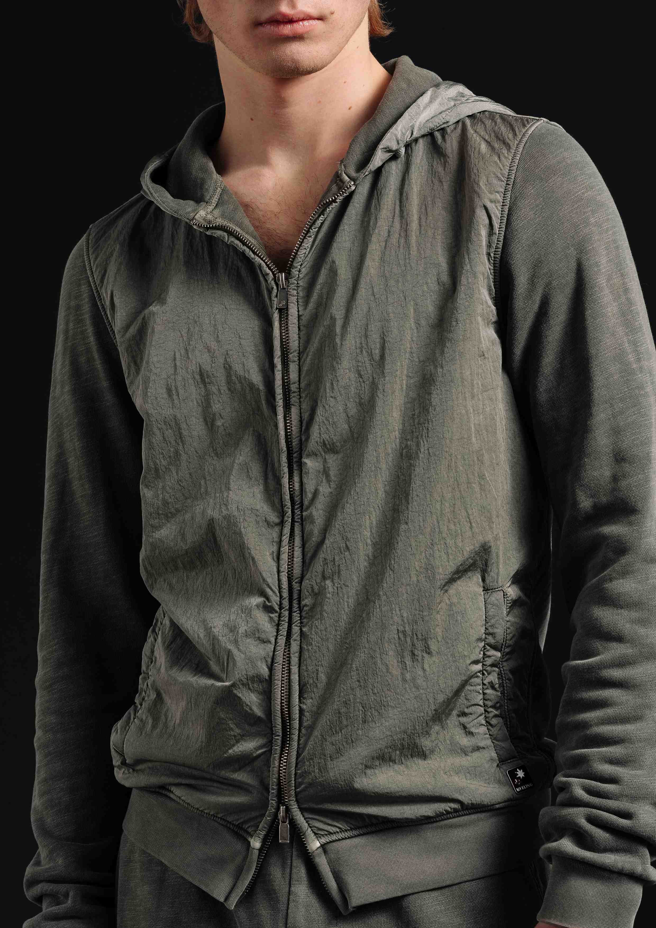 SIBU ST - ZIPPED HOODED JACKET WITH STONE NYLON DETAILS IN TERRY COTTON FABRIC